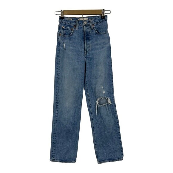 Levis Womens Size 24 Ribcage Straight Ankle Jeans Distressed Button Fly - Picture 1 of 5